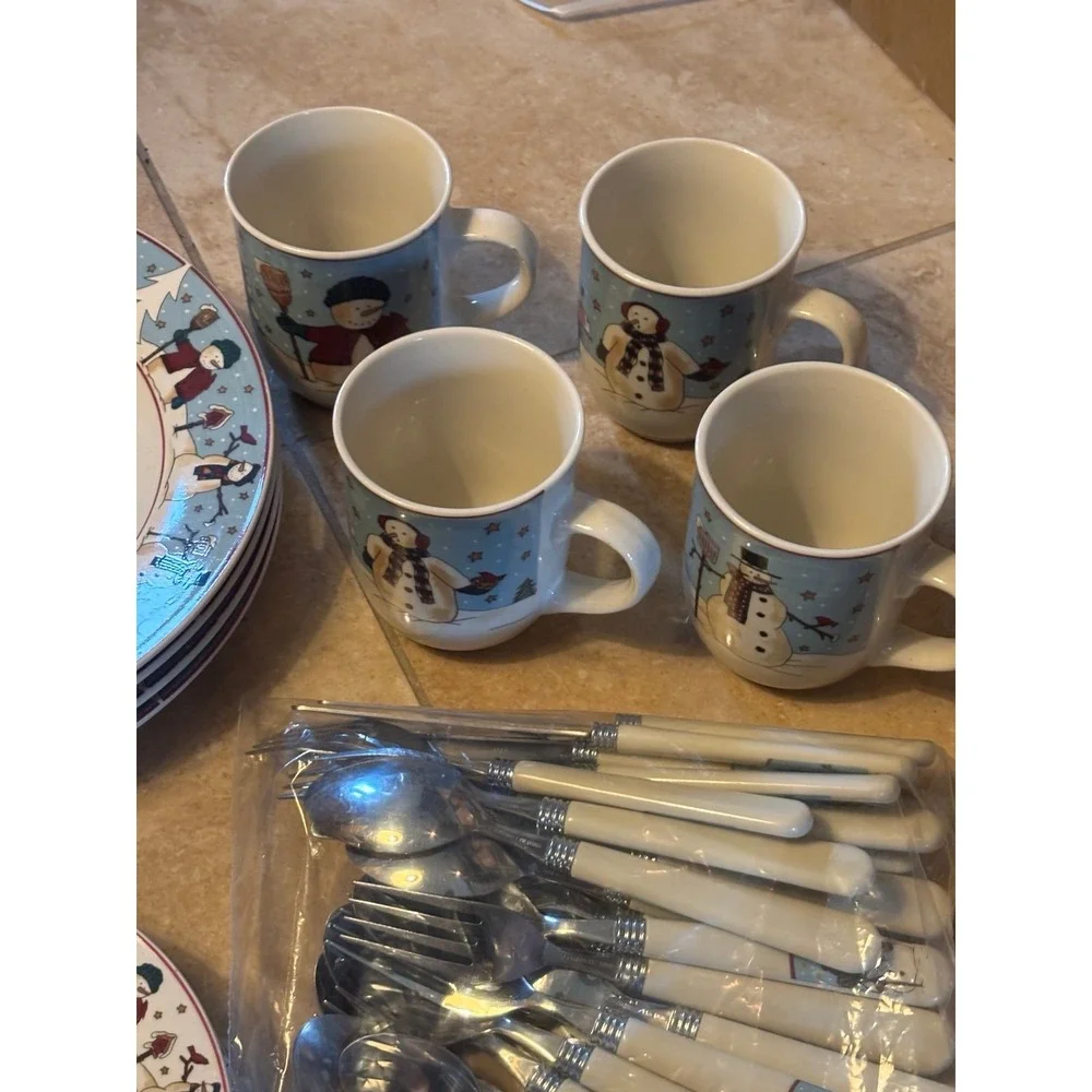 Complete Set Of 4 Meiwa Stoneware Canterbury 1997 Snowman Christmas Vintage